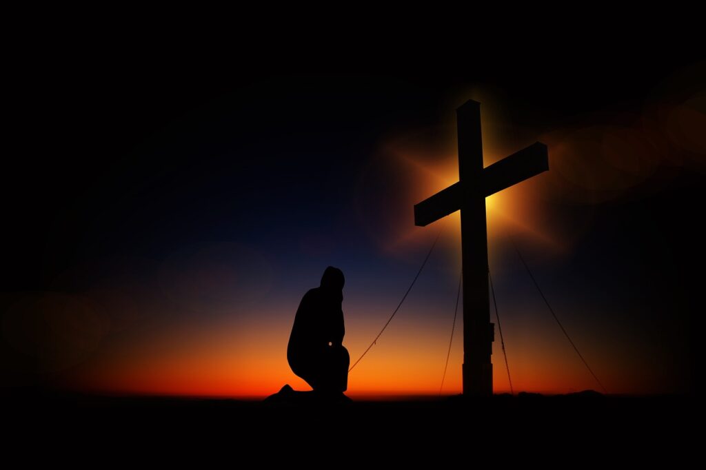 cross, sunset, humility, devotion, silhouette, human, kneeling, knee, pray, worships, prayer, faith, religion, nature, church, symbol, clouds, heaven, christian, crucifixion, quiet, immersion, jesus christ, meditation, jesus, christ, christianity, black, figure