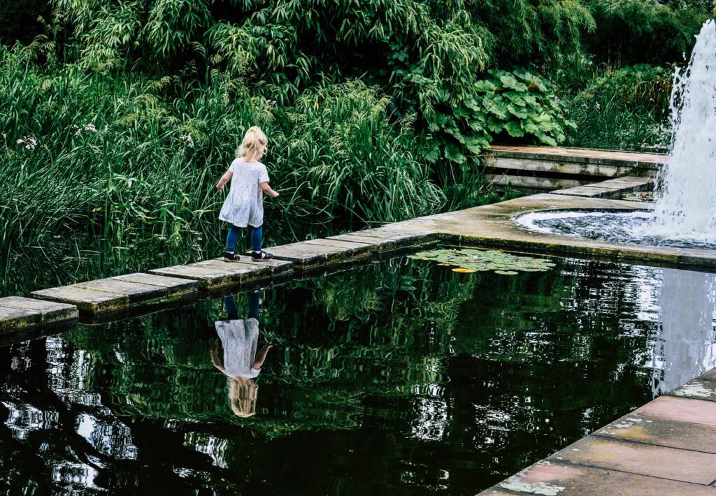 child, nature, fountain, garden, park