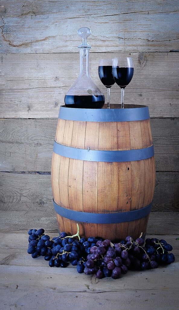 wine barrel, wine carafe, wine glasses, grapes, wine barrel, wine barrel, wine barrel, wine barrel, wine barrel